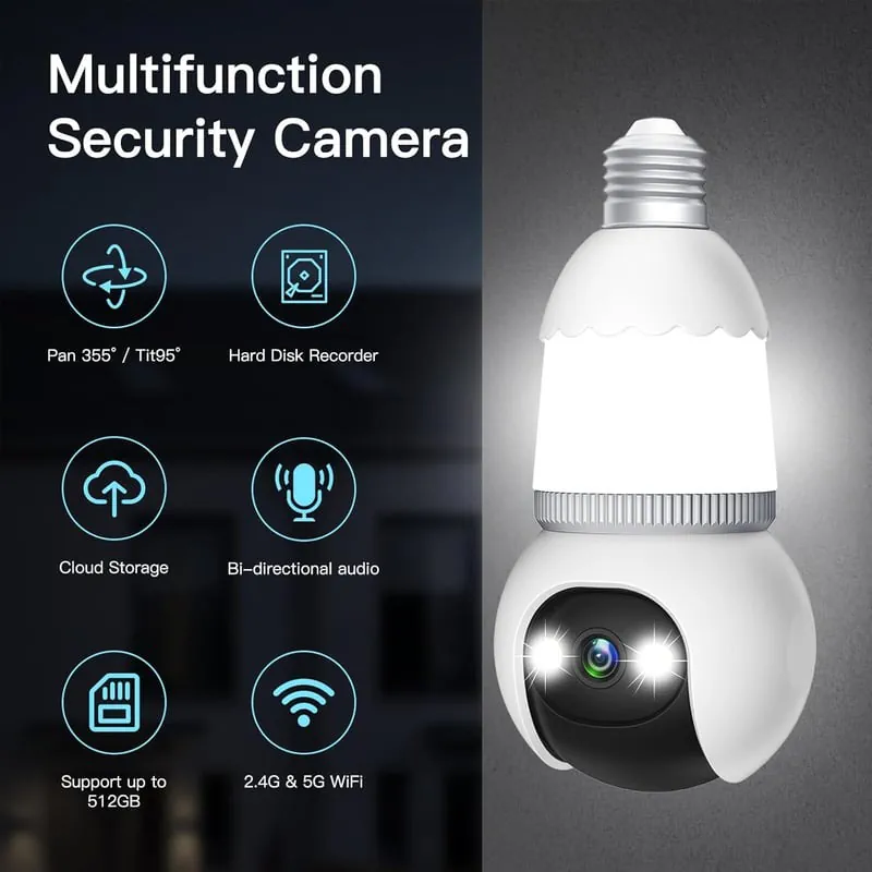 4MP Light Bulb Security Camera 5G&2.4GHz Wireless Outdoor Indoor Camera with Night Vision